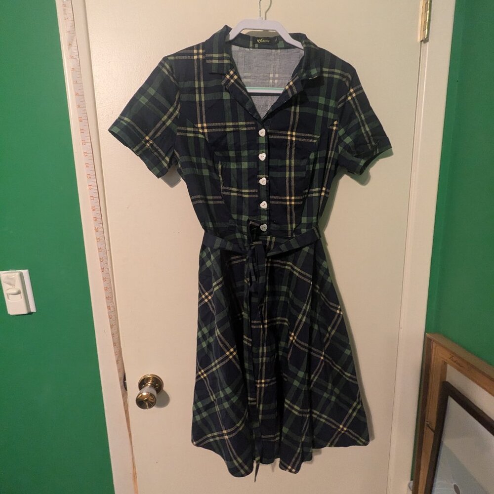 blue plaid retro style dress with heart shaped buttons size XL